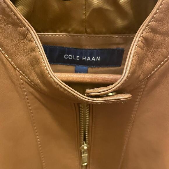 Cole Haan L Genuine Lambskin Leather Moto Jacket | Caramel Brown, Gold Zippers - Picture 11 of 11